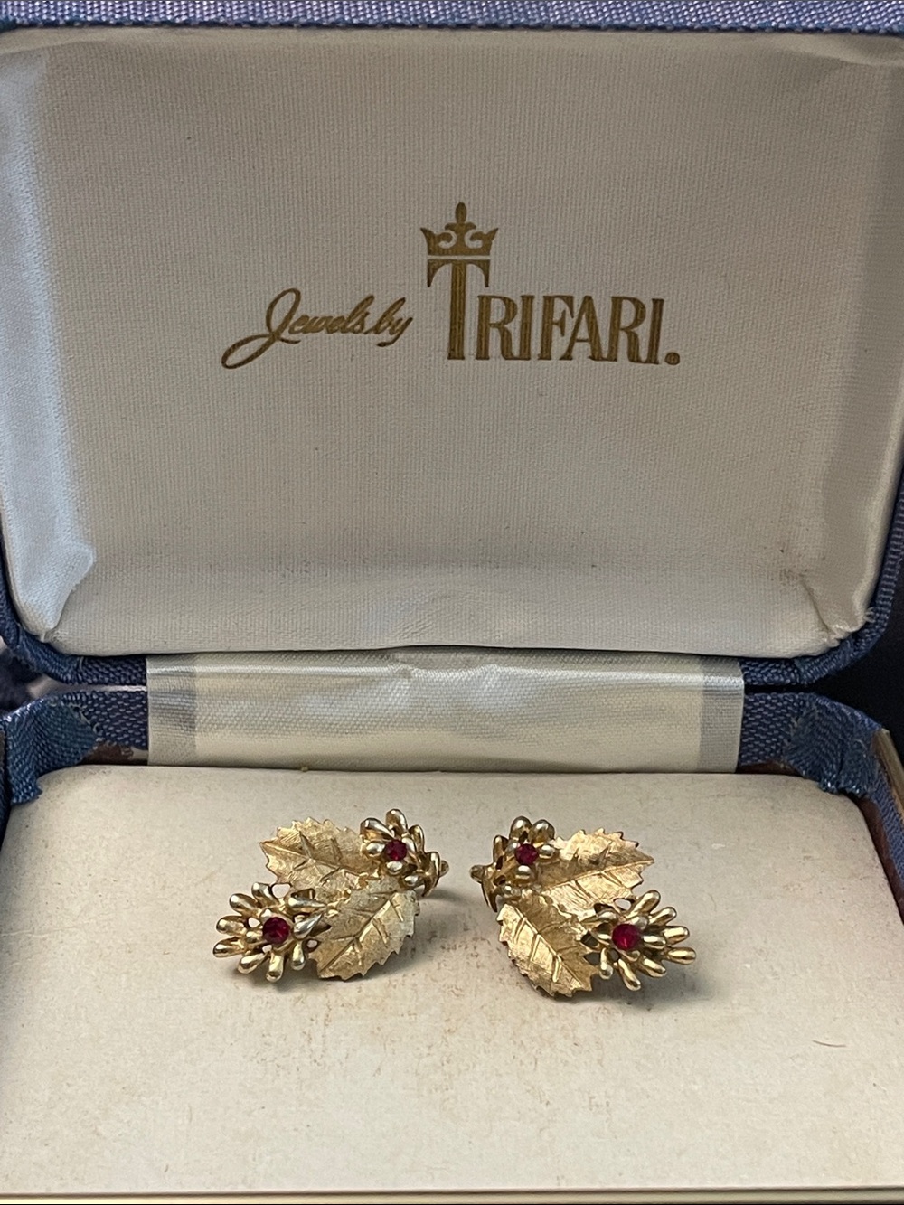 Trifari Gold-Tone Leaf Earrings with Red Accents